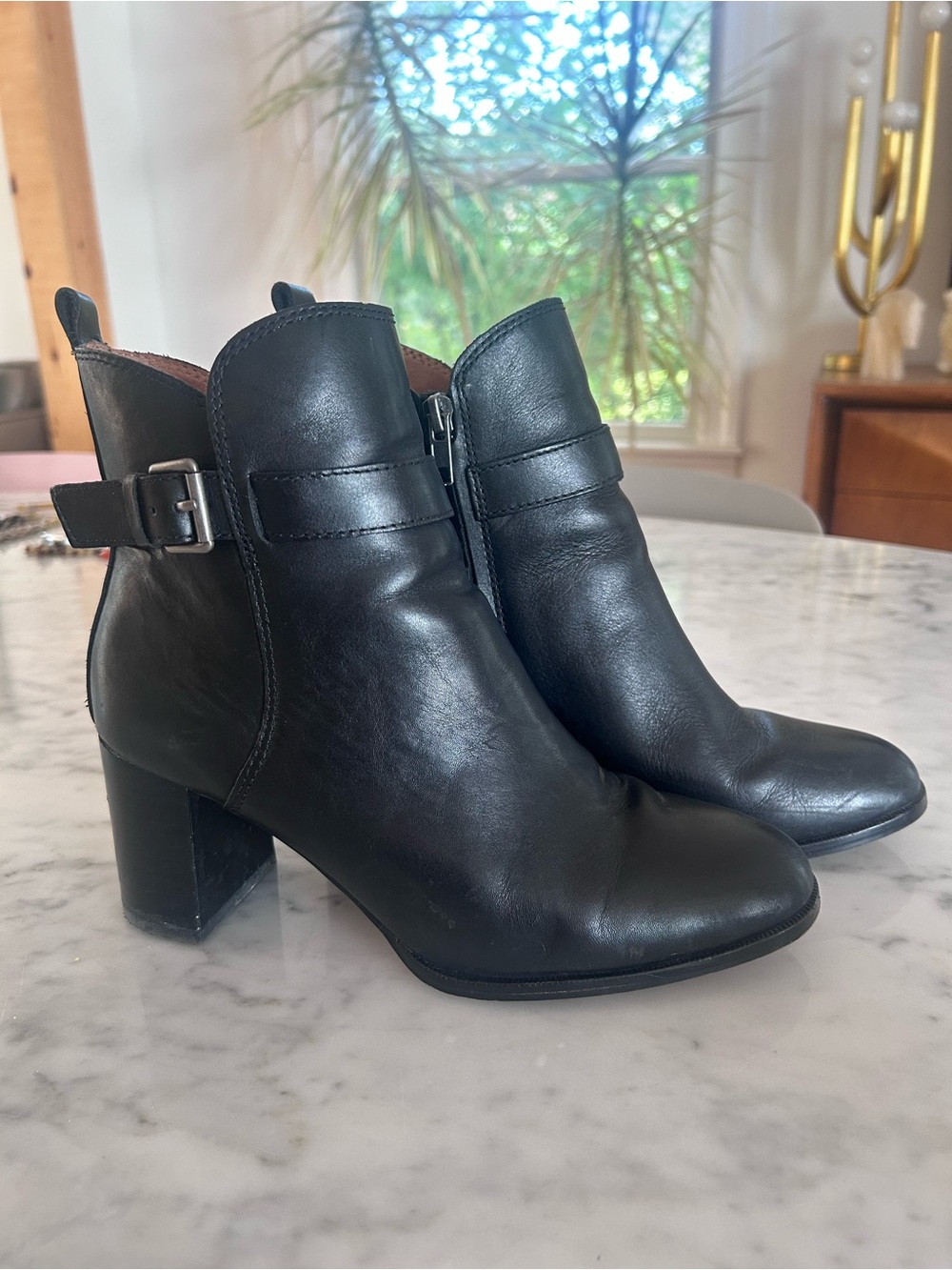 Madewell Black Leather Buckle Ankle Boots Block Heel, Size 8 1/2